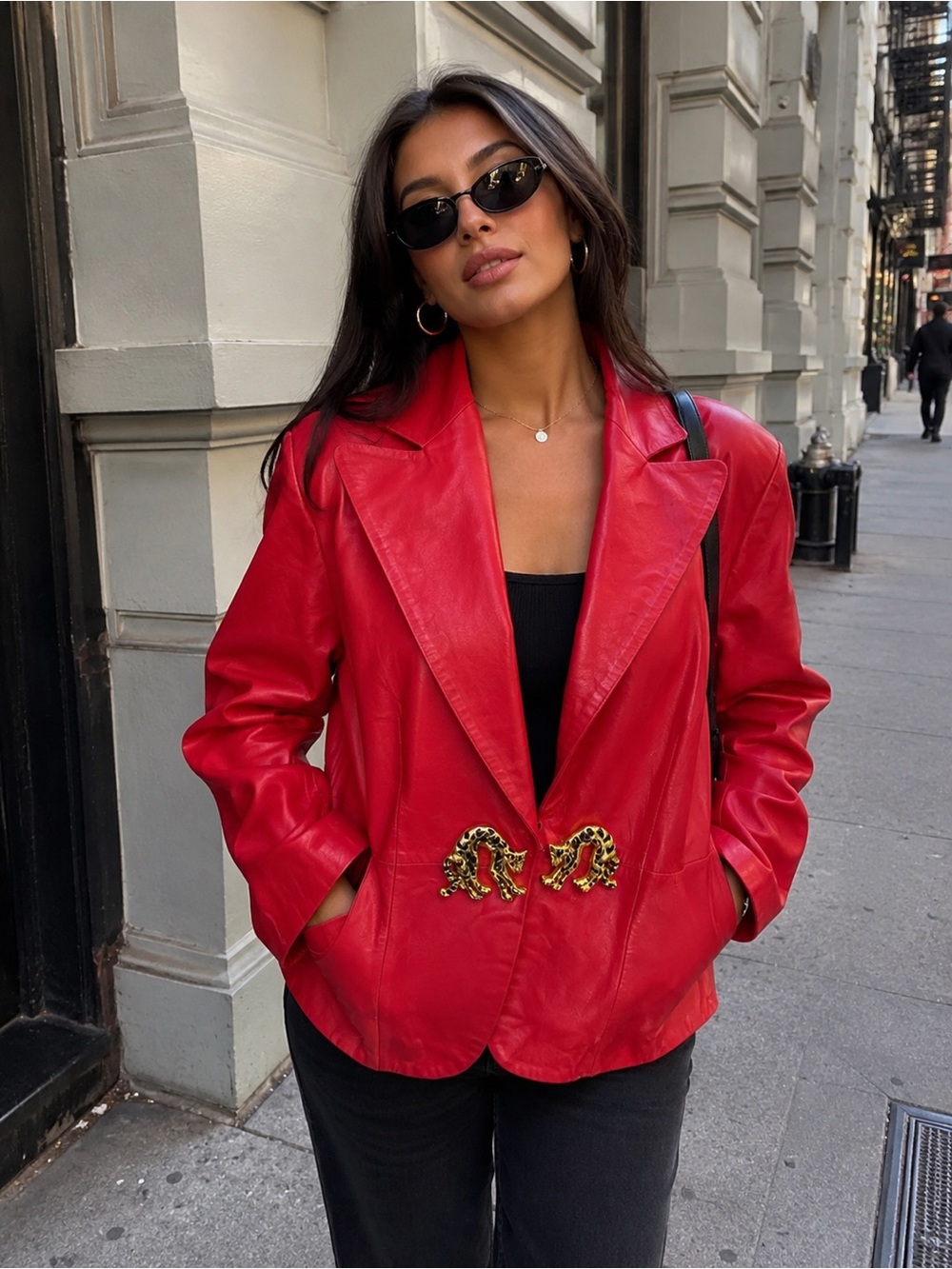 Vintage Leather Blazer Women Red Excellent Leopard Panther Gold Hardware Jacket